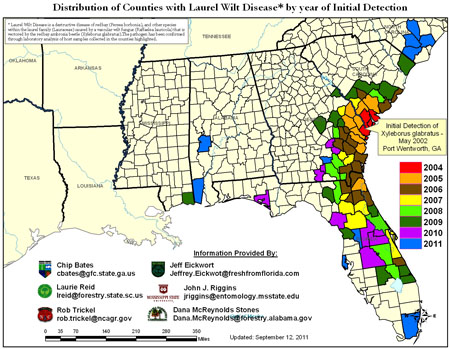 Map of the range of redbay ambrosia beetle in the United States