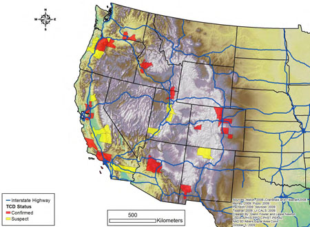 U.S. Distribution of the thousand cankers disease (plus, one eastern location in Knoxville, Tennessee)