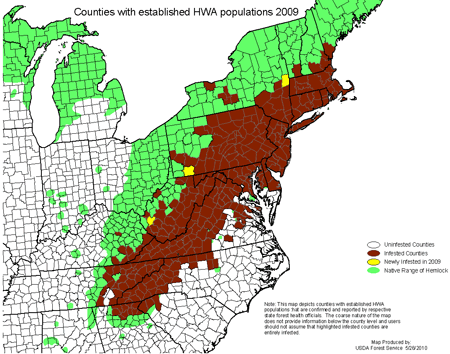 Distribution of hemlock woolly adelgid in the eastern United States in 2009